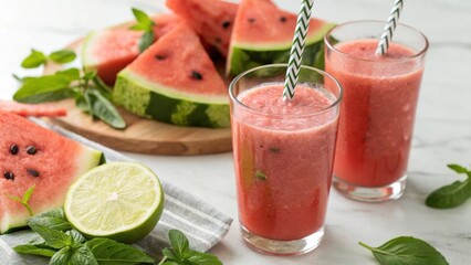 seasonal fruits Refreshing watermelon drinks garnished with mint, surrounded by fresh fruit slices.