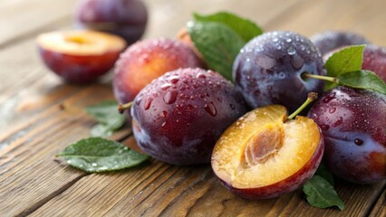 seasonal fruits Fresh plums with droplets of water on a wooden surface, some sliced open with green leaves.