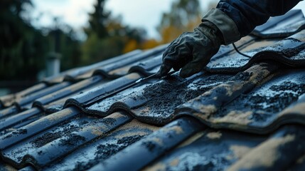 Applying roof joint sealant rooftop close-up residential aerial view sealant application