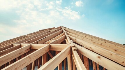 Obraz premium Constructing a wooden roof frame against a bright blue sky on a sunny afternoon