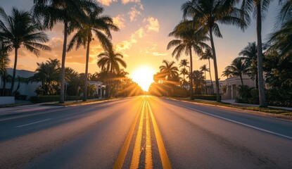 Obraz premium Sunset Drive: Palm Trees Silhouette at Golden Hour