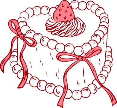 Hand drawn coquette vintage cake with strawberry, bows and ribbons. Sweet bakery dessert with cute girly aesthetic element for Valentines day, wedding invitation, birthday. Doodle vector illustration.