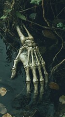 Eerie Skeletal Hand Emerging from Dark Water, a Somber Aquatic Discovery