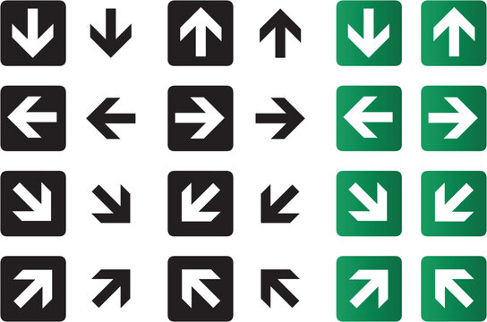 Green street signs. Direction wayfinding arrows, post sign isolated realistic vector illustration set. Arrow icon set cursor arrow up down and symbol icons. Modern simple solid arrows collection