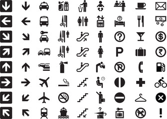 Set of Public Transportation related icons. Minimal flat graphic transport symbol. warning, mandatory, prohibition and information traffic signs. European traffic signs collection. City arrow icon
