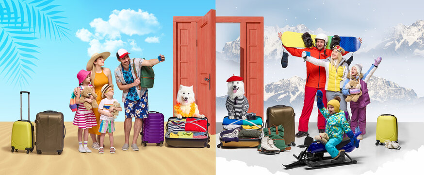 Family in summer clothes stands near tropical hut with beach gear and dog, looking through doorway into snowy winter scene with snowboard. Collage. Concept of vacation, family, travel. 4 models