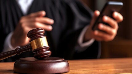 Judge using smartphone in courtroom setting.