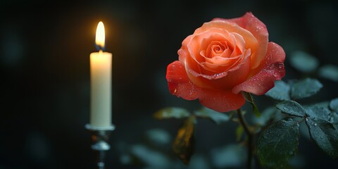 Candle and Red Rose on Black Background, Romantic or Memorial Tribute Concept