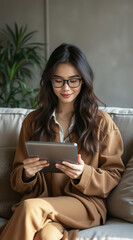 Fototapeta premium young woman in a brown coat sits on a couch using a tablet.