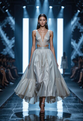 Fototapeta premium Stylish Bubble Skirt Runway Look Captured in High Fashion Catwalk Moment.