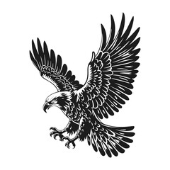 Monochrome graphic of a majestic eagle soaring with outstretched wings and sharp talons