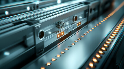 A close-up view of a futuristic metallic surface with embedded lights and control buttons, suggesting advanced technology and innovation.