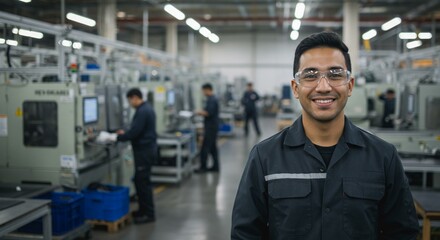 Smiling technician wearing safety glasses in factory environment.