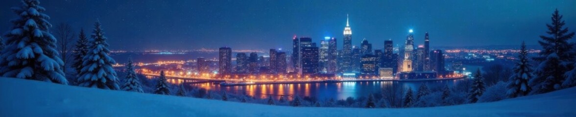 Fototapeta premium Snowy winter landscape with illuminated city skyline at night, christmas, urban landscape