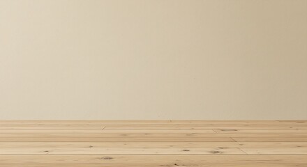 Naklejka premium Light beige wall and light brown wooden floor converge in an empty room corner, providing a clean and simple background