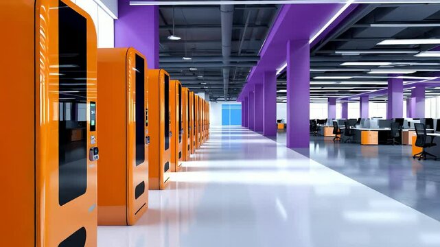 Row of orange vending machines stretches into the distance, modern office space features purple accents, white floors and bright lighting, camera movement emphasizes the depth