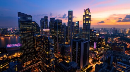 Fototapeta premium Singapore city skyline at sunset, aerial view