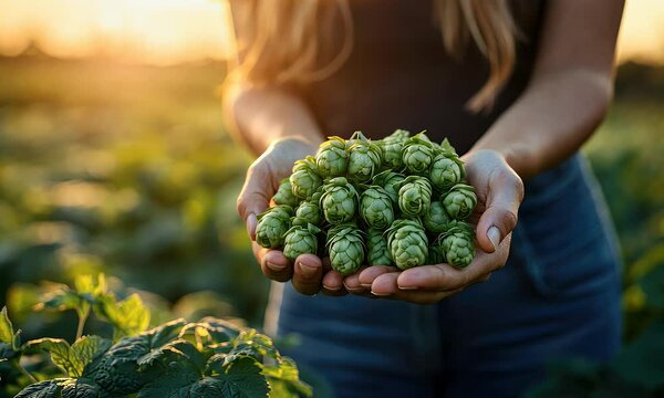 Freshly picked hops held in hands. Golden hour sunlight