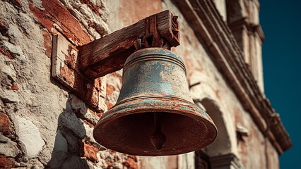 Obraz premium A close-up of the bell in a traditional bell tower, showcasing its intricate details and aged texture. The bell's metal surface is weathered, reflecting history and the architectural grandeur of the t