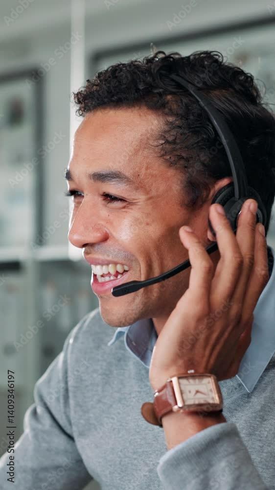 Fototapete call center, tech support and business man talking for assistance with it help desk technician. happ
