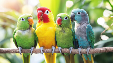 Obraz premium Colorful parrots perched on branch in lush green environment