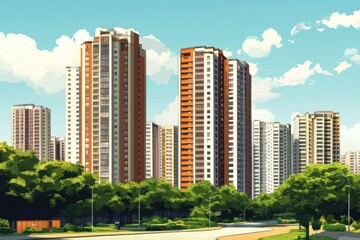 Obraz premium Building Landscape. Urban City Skyline with High-Rise Residential Buildings and Park