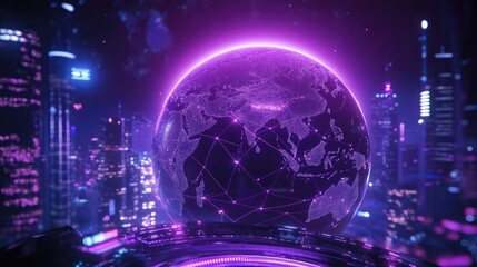 Futuristic Neon Global Network with Cityscape and Technology Elements