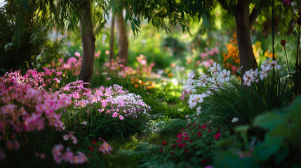 Lush garden pathway surrounded by blooming flowers in vibrant colors