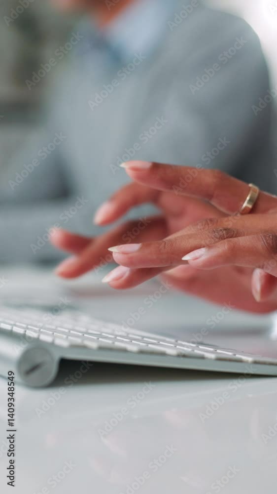 Poster hands, keyboard and business woman typing on computer for data report or feedback in office. email, 