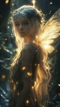 Glowing forest fairy with luminous wings and sparkling hair stands in magical light, surrounded by soft bokeh and mystical nature in a dreamy, enchanted atmosphere. Vertical video