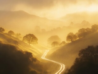 Obraz premium Serene Pathway Amidst Golden Mist: A winding road meanders through rolling hills, shrouded in a warm, golden mist, evoking a sense of peace and tranquility under the soft glow of dawn.