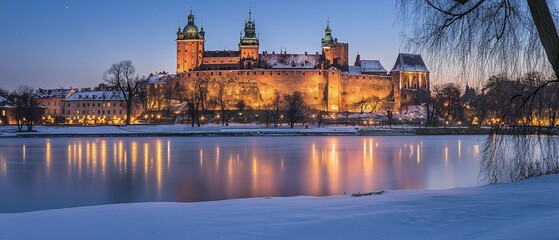 Obraz premium Castle at dusk, lake reflects lights. Winter scenery, snow covered land