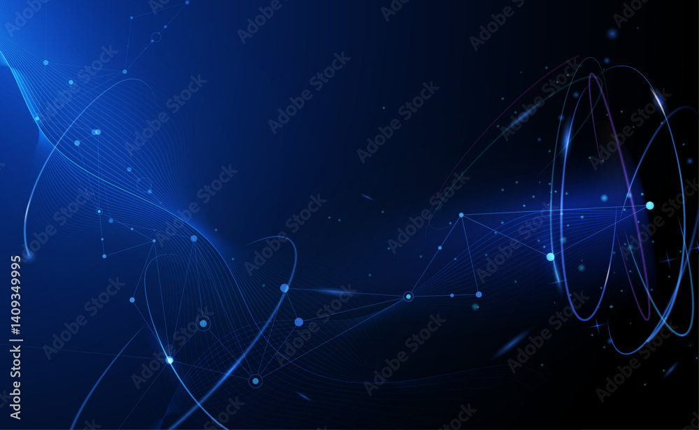 Poster Vector illustration abstract technology with molecule, Flowing dot particle wave flow line, wireframe and dot on blue background. Datum technology network, science, artificial intelligence concept
