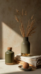 olive green vase with dried flowers and linen fabrics in a calm setting