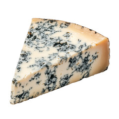 Blue Roquefort cheese wedge with marbled veins isolated on transparent background.