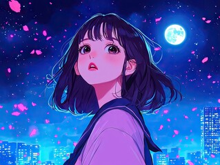 Dreamy nighttime encounter young woman gazes at moonlit cityscape anime art urban fantasy setting