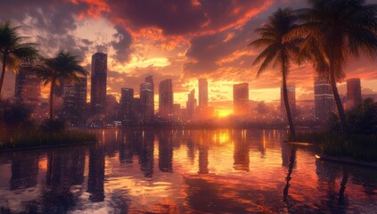 Fototapeta premium Tropical City Sunset: Skyscrapers Mirrored in Calm Waters