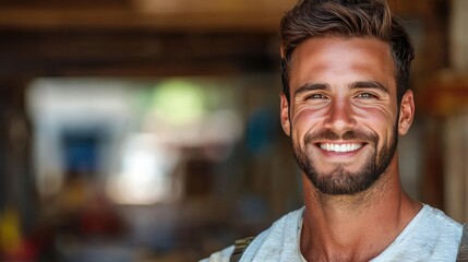 Obraz premium Smiling Man in Casual Attire with Natural Background and Warm Vibes
