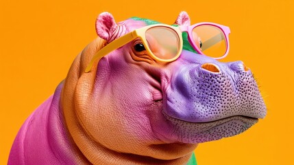 A vibrantly colored hippopotamus, wearing sunglasses, poses against a bright orange backdrop, exuding a cheerful vibe.