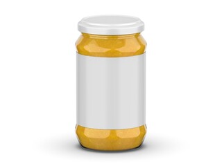 Mango jam package design, glass jar mockup with label in 3d illustration isolated on white background.