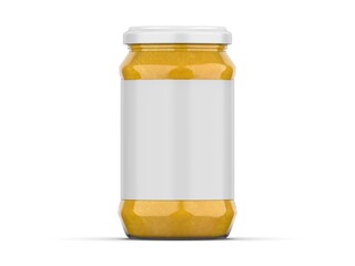 Mango jam package design, glass jar mockup with label in 3d illustration isolated on white background.