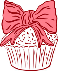 Hand drawn coquette vintage cake with bow. Sweet bakery dessert with cute girly aesthetic element for Valentines day, wedding invitation, birthday. Minimalist line art. Doodle vector illustration.