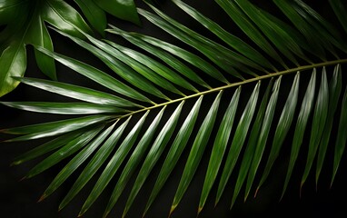 Lush Green Tropical Palm Leaves on Black Background
