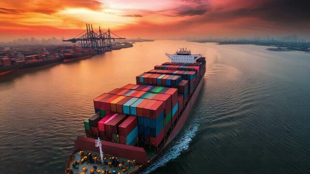 Container Ship at Sunset: A large container ship sails majestically on calm waters towards a bustling port at sunset, the vibrant colors of the sky reflecting on the containers.