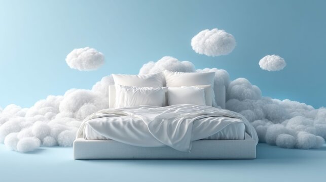 A luxurious bed with fluffy clouds surrounding it, a dreamy and peaceful atmosphere on a light blue background.