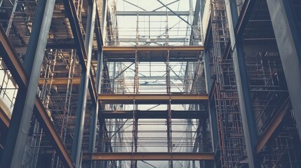 Obraz premium Cinematic shot of indoor steel structure industrial location high fidelity content modern environment low angle view architectural concept