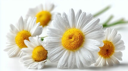 Fototapeta premium Close-up shot of a beautiful bouquet of white daisies with vibrant yellow centers, against a soft, white background.
