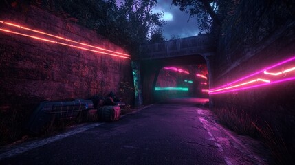 Neon-lit alleyway under a bridge, abandoned, night