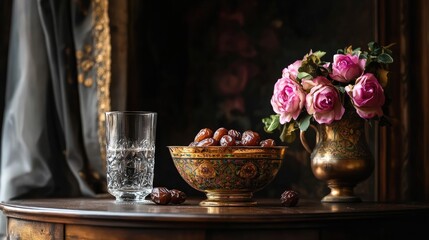 Elegant Still Life with Dates, Glass, and Pink Roses in a Bowl