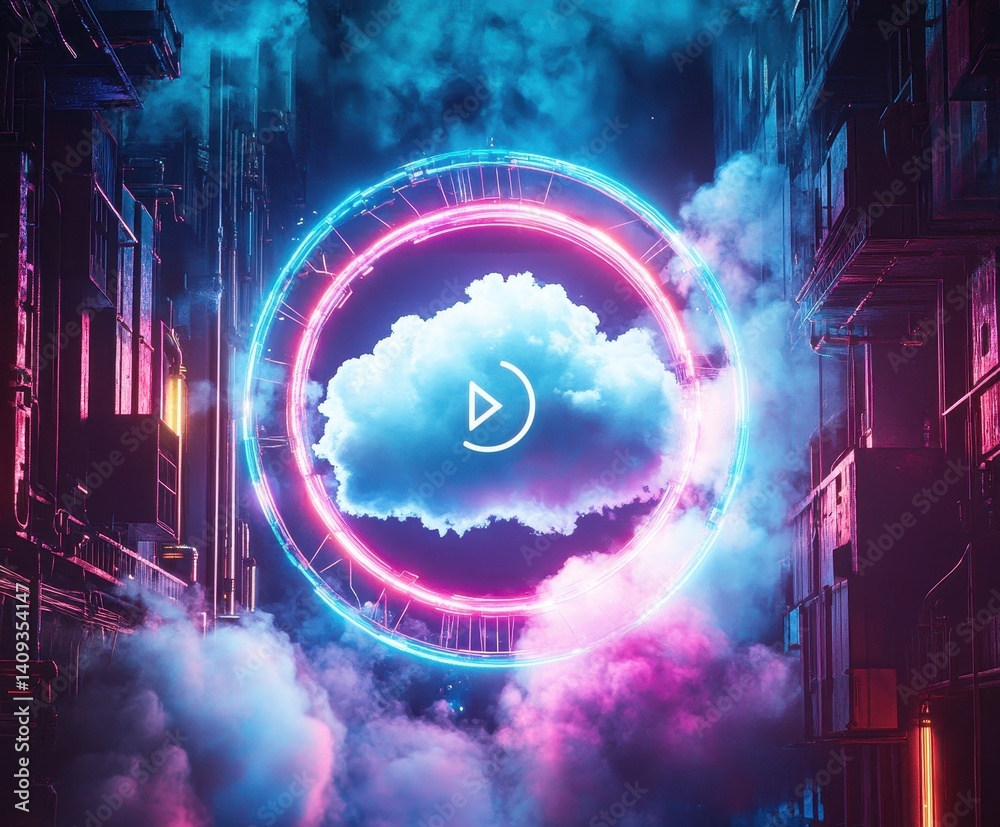 Poster digital cloud transformation: futuristic imagery of a cloud nestled within a neon-lit ring, symboliz